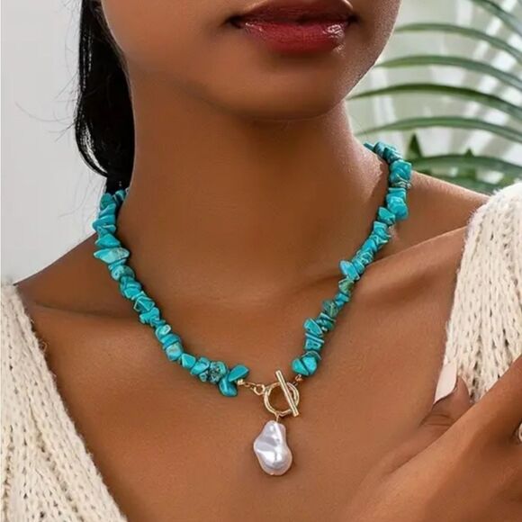 Turquoise and Pearl Beaded Golden  Necklace and Bracelet Set Fashion Jewelry - Picture 8 of 8